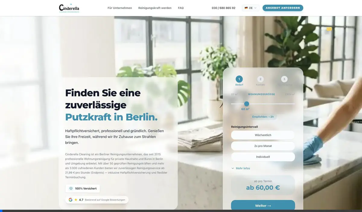 Cinderella Cleaning – Conversion-optimierte Landing Page für Reinigungsservice